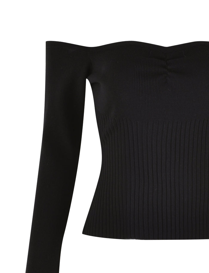 The LILYANNA LONG SLEEVE TOP - BLACK by TIGERMIST is an off-the-shoulder piece featuring long sleeves and rib detail. Its stretchy knit fabric offers a fitted silhouette, complemented by a subtly curved neckline, with no visible seams or embellishments.