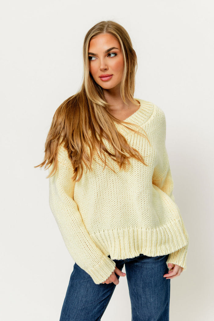 Lindsey Balloon Sleeve V-Neck Sweater in Butter *Final Sale*