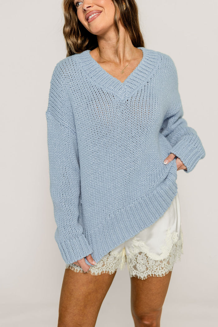 Lindsey Balloon Sleeve V-Neck Sweater in Light Blue *Final Sale*