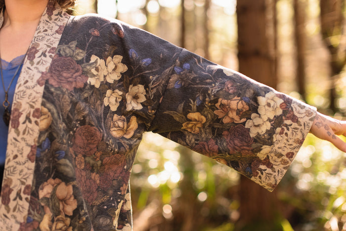 Model wearing the Lionheart Cottage Cardigan ft artwork by illustrator Jessica Roux - Market of Stars