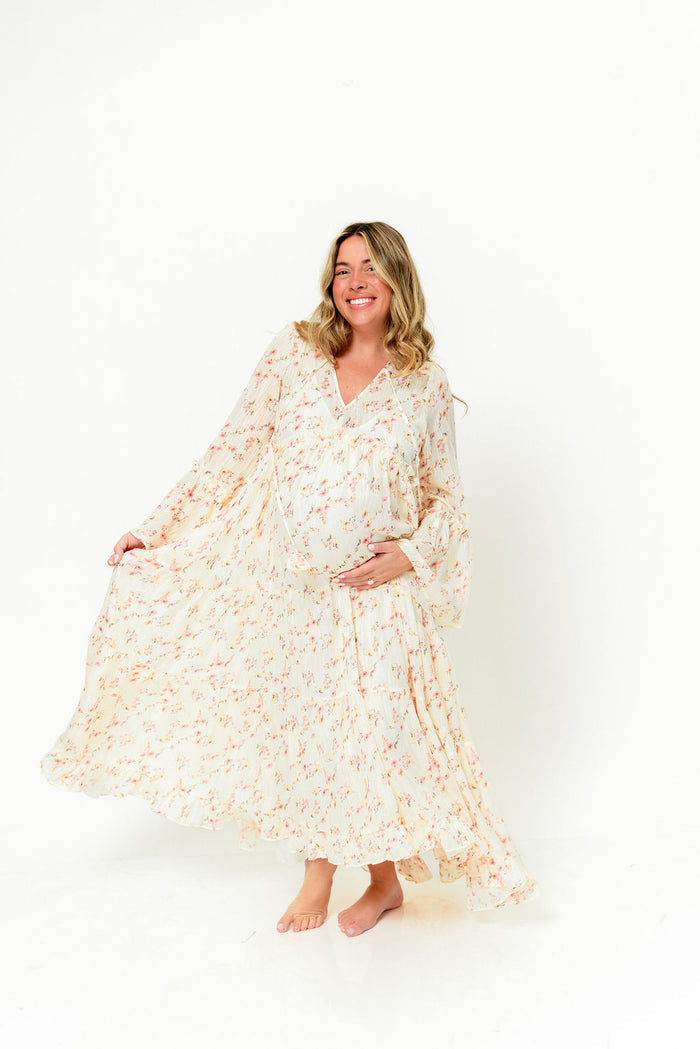 Lisa Woven Floral V-Neck Maxi Dress with Detachable Liner in Cream Multi - Bump Friendly