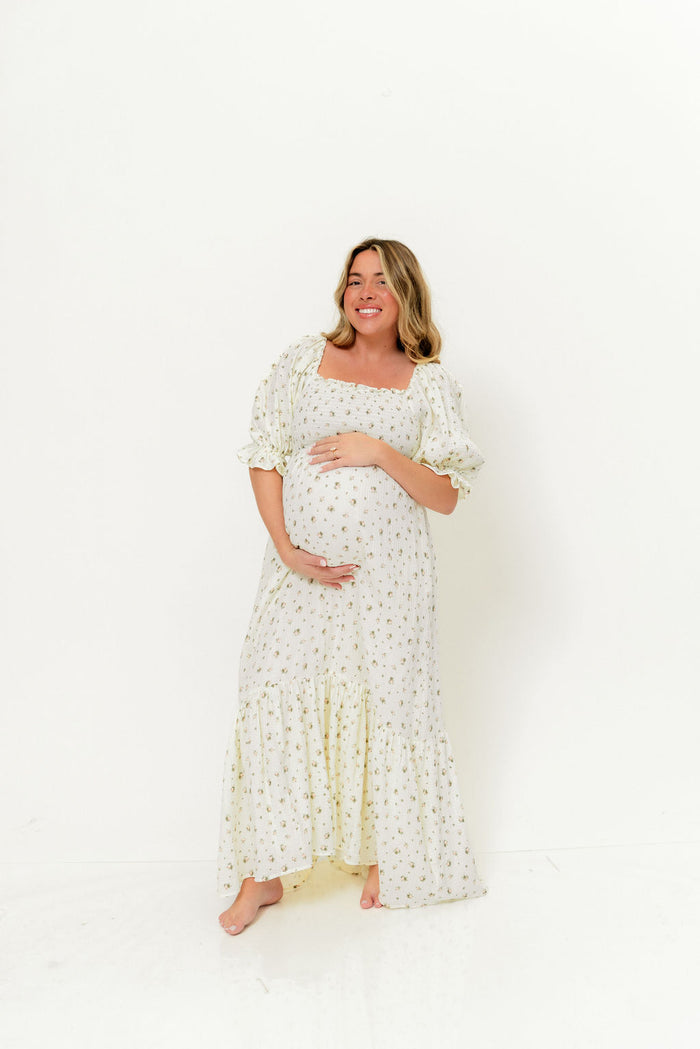 Livvy 100% Cotton Dress in Ivory/Pink Floral (Fully Lined) - Bump Friendly
