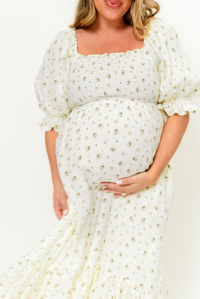 Livvy 100% Cotton Dress in Ivory/Pink Floral (Fully Lined) - Bump Friendly