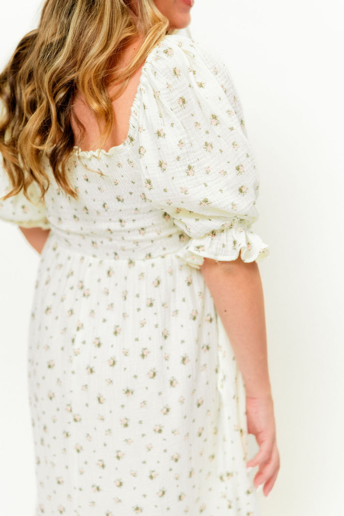 Livvy 100% Cotton Dress in Ivory/Pink Floral (Fully Lined) - Bump Friendly
