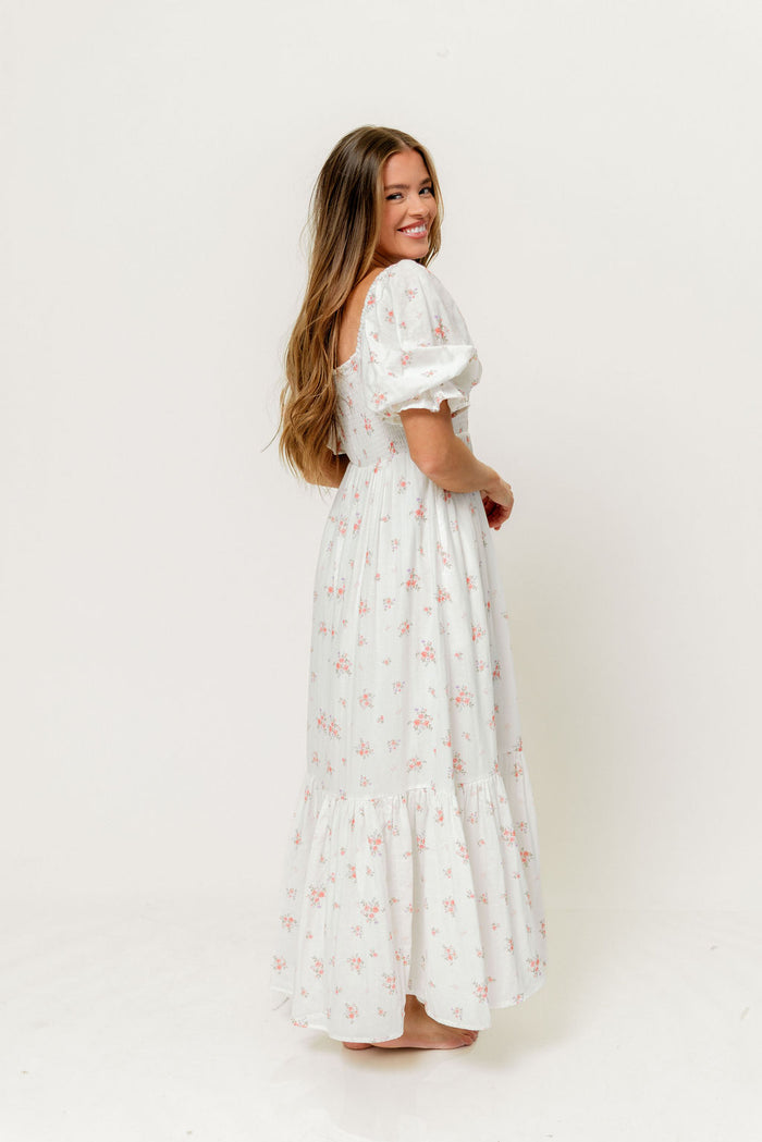 Livvy 100% Cotton Dress in Off White/Pink Floral (Fully Lined) -Bump Friendly