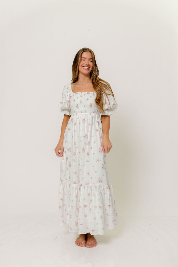 Livvy 100% Cotton Dress in Off White/Pink Floral (Fully Lined) -Bump Friendly