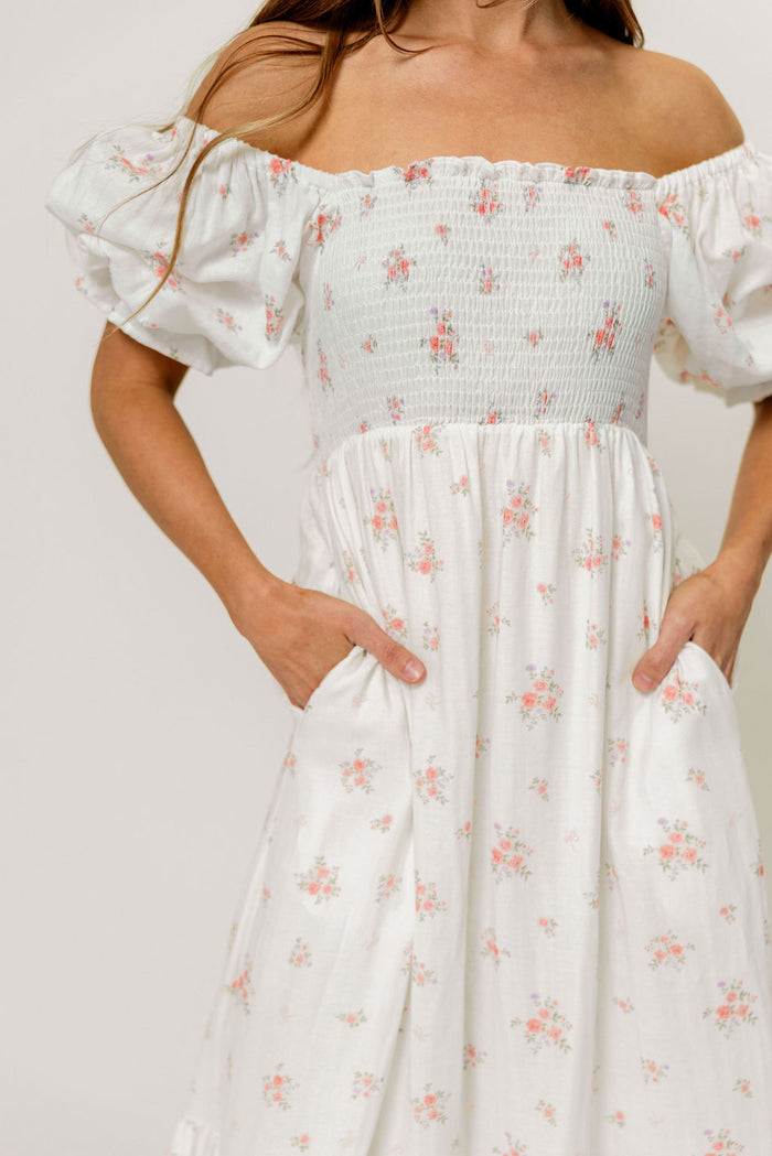 Livvy 100% Cotton Dress in Off White/Pink Floral (Fully Lined) -Bump Friendly