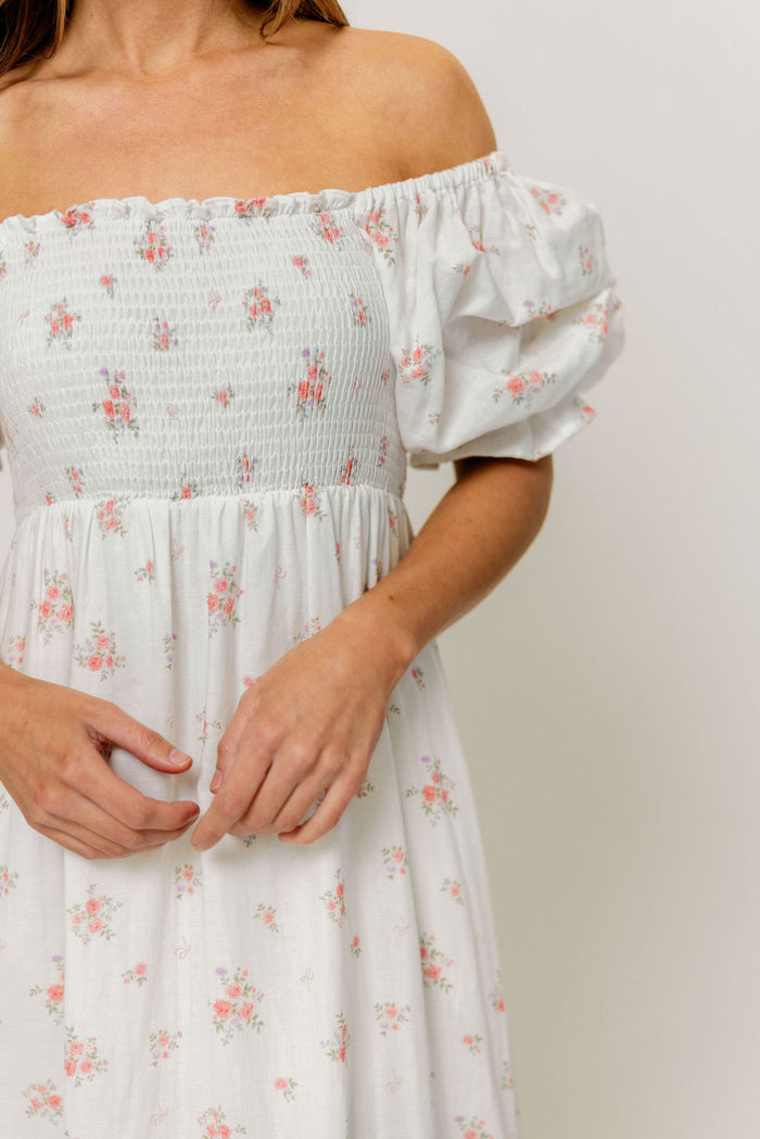 Livvy 100% Cotton Dress in Off White/Pink Floral (Fully Lined) -Bump Friendly