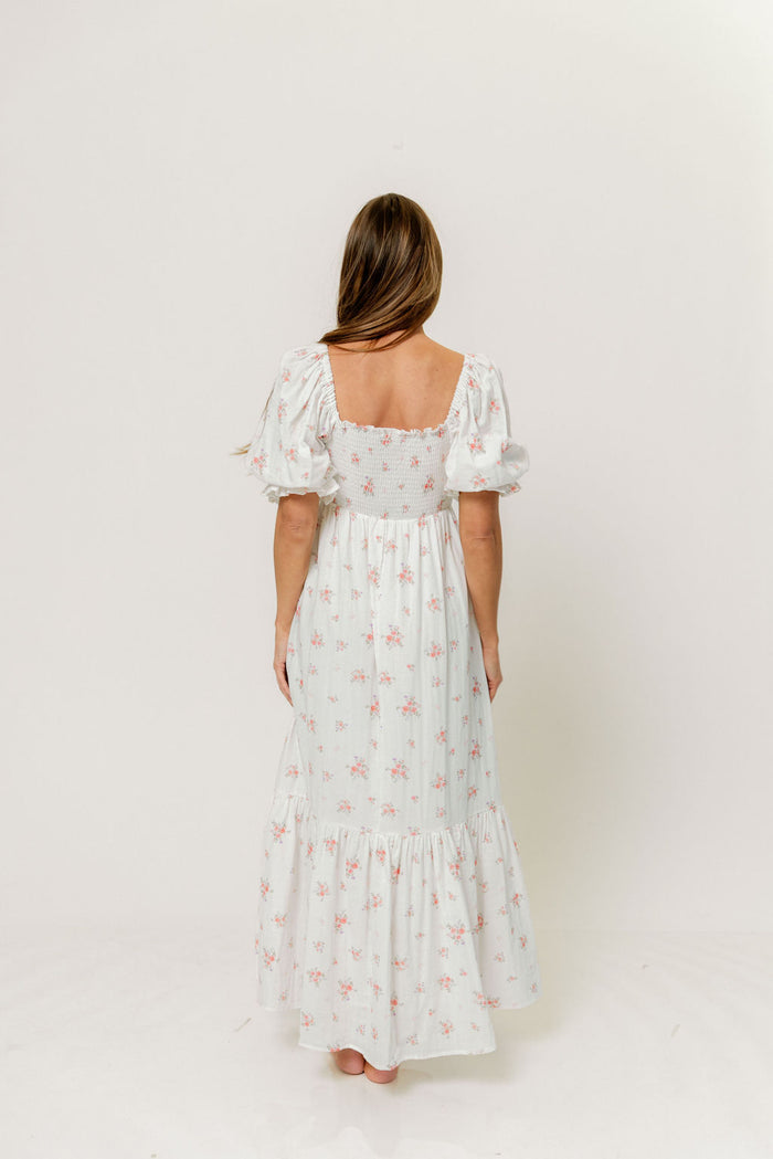 Livvy 100% Cotton Dress in Off White/Pink Floral (Fully Lined) -Bump Friendly