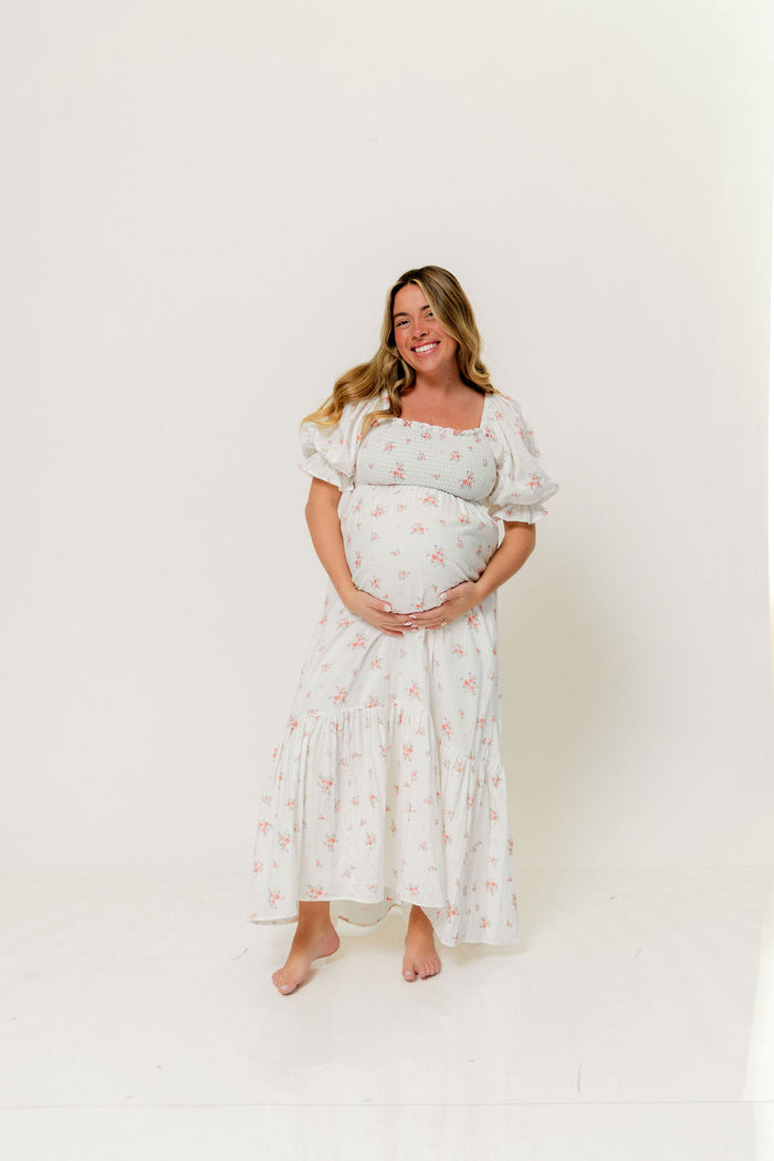 Livvy 100% Cotton Dress in Off White/Pink Floral (Fully Lined) -Bump Friendly
