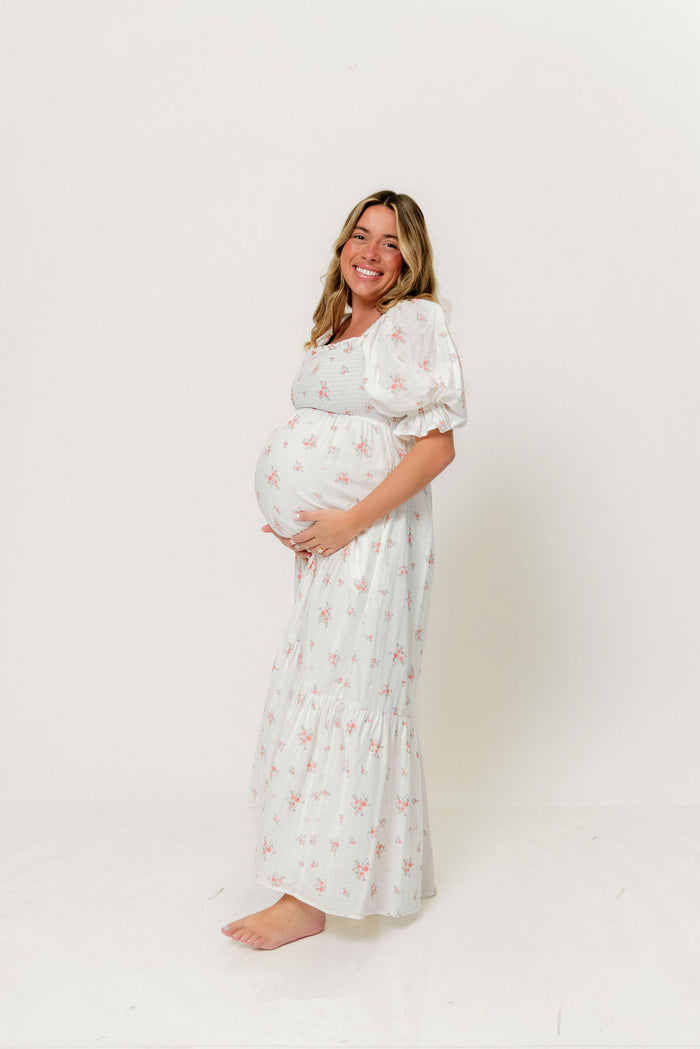 Livvy 100% Cotton Dress in Off White/Pink Floral (Fully Lined) -Bump Friendly