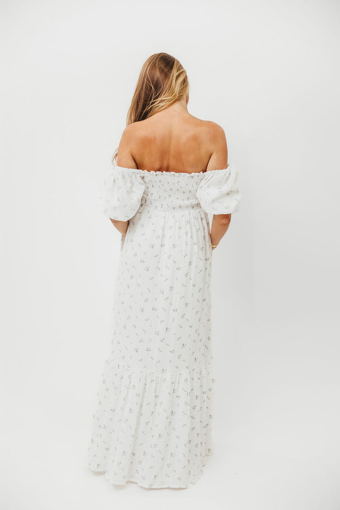 Livvy 100% Cotton Maxi Dress in Off-White / Blue Floral - Bump Friendly & Inclusive Sizing