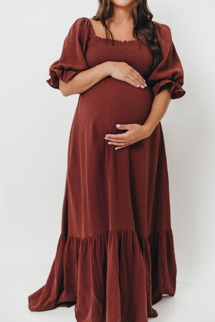 Livvy 100% Cotton Maxi Dress in Rust Brown - Bump Friendly & Inclusive Sizing