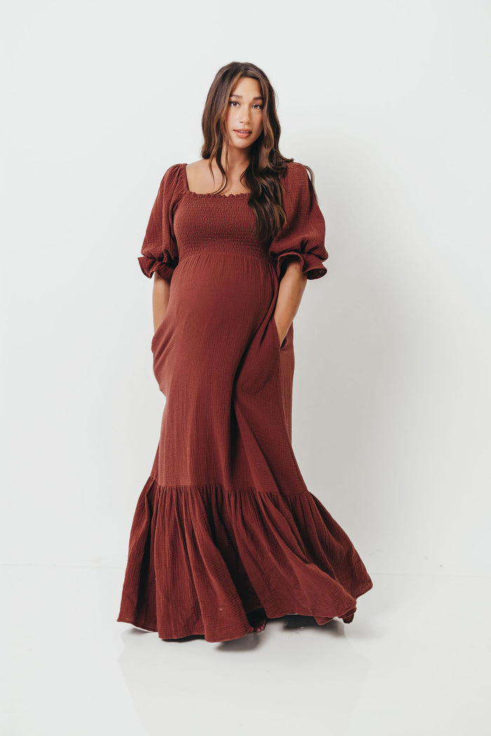 Livvy 100% Cotton Maxi Dress in Rust Brown - Bump Friendly & Inclusive Sizing