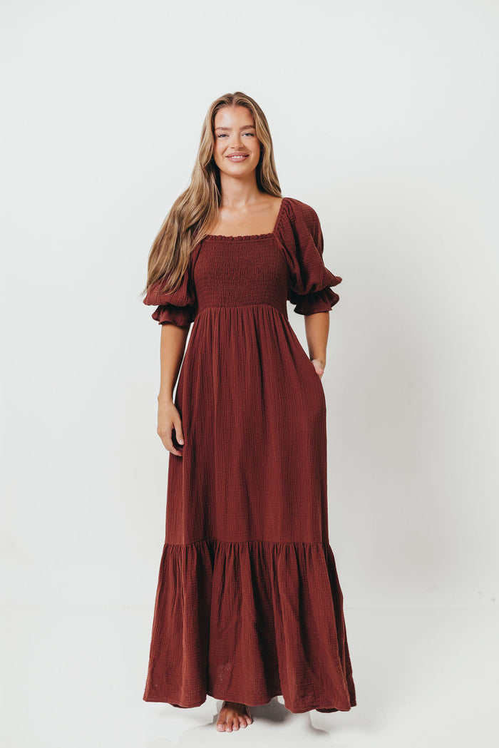 Livvy 100% Cotton Maxi Dress in Rust Brown - Bump Friendly & Inclusive Sizing