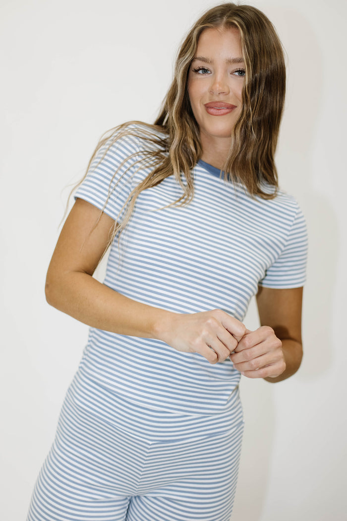 Lolly Striped Baby Tee in Dusty Blue