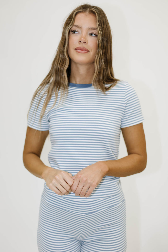 Lolly Striped Baby Tee in Dusty Blue