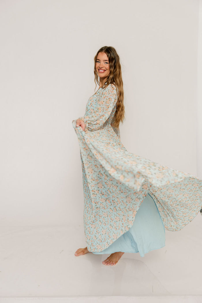 Loretta Maxi Dress in Light Blue Floral - Bump Friendly