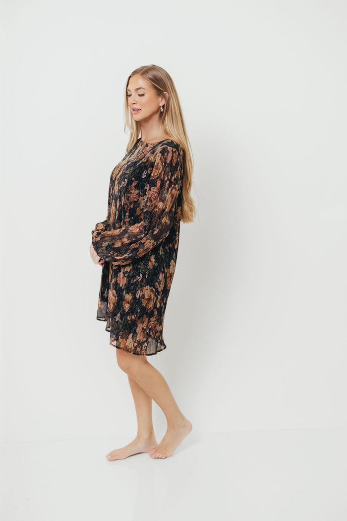Lorraine Pleated Lurex Floral Print Mini Dress in Black