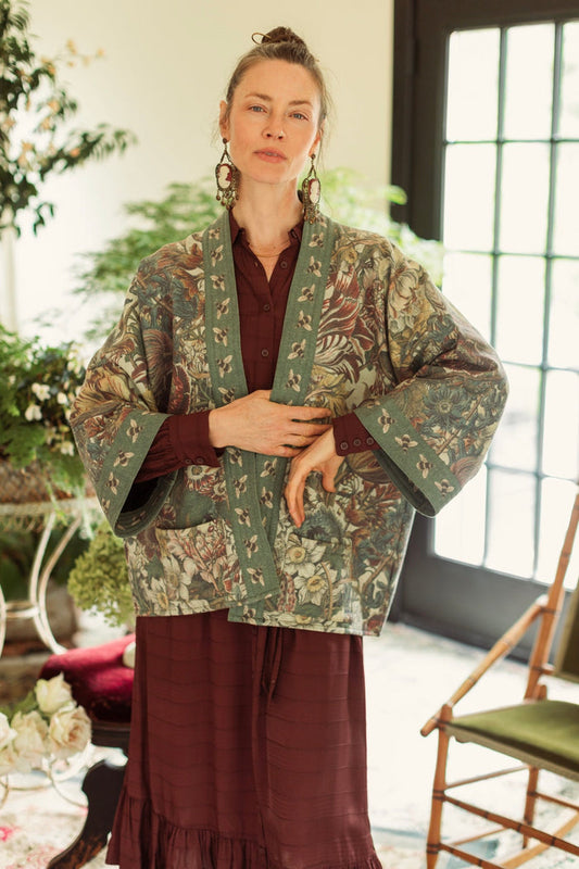 Love Grows Wild Cottage Cardigan featuring 1700s floral etchings and bumblebee trim – cozy fleece-lined cardigan perfect for cooler days – Market of Stars.