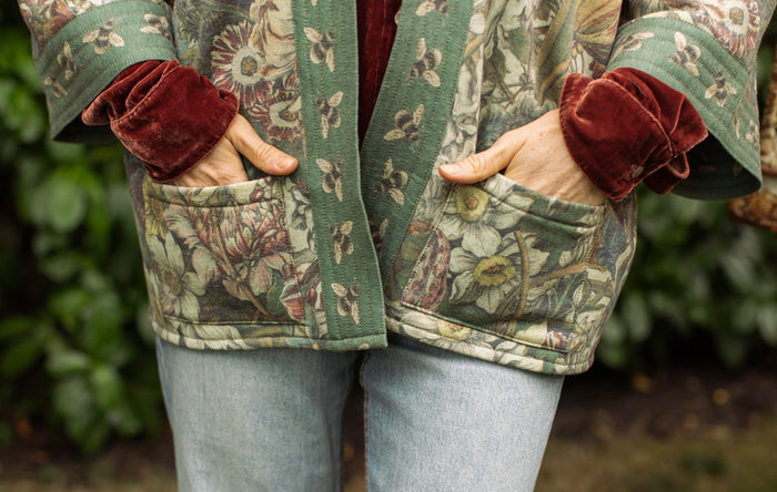 Love Grows Wild Cottage Cardigan featuring 1700s floral etchings and bumblebee trim – cozy fleece-lined cardigan perfect for cooler days – Market of Stars.