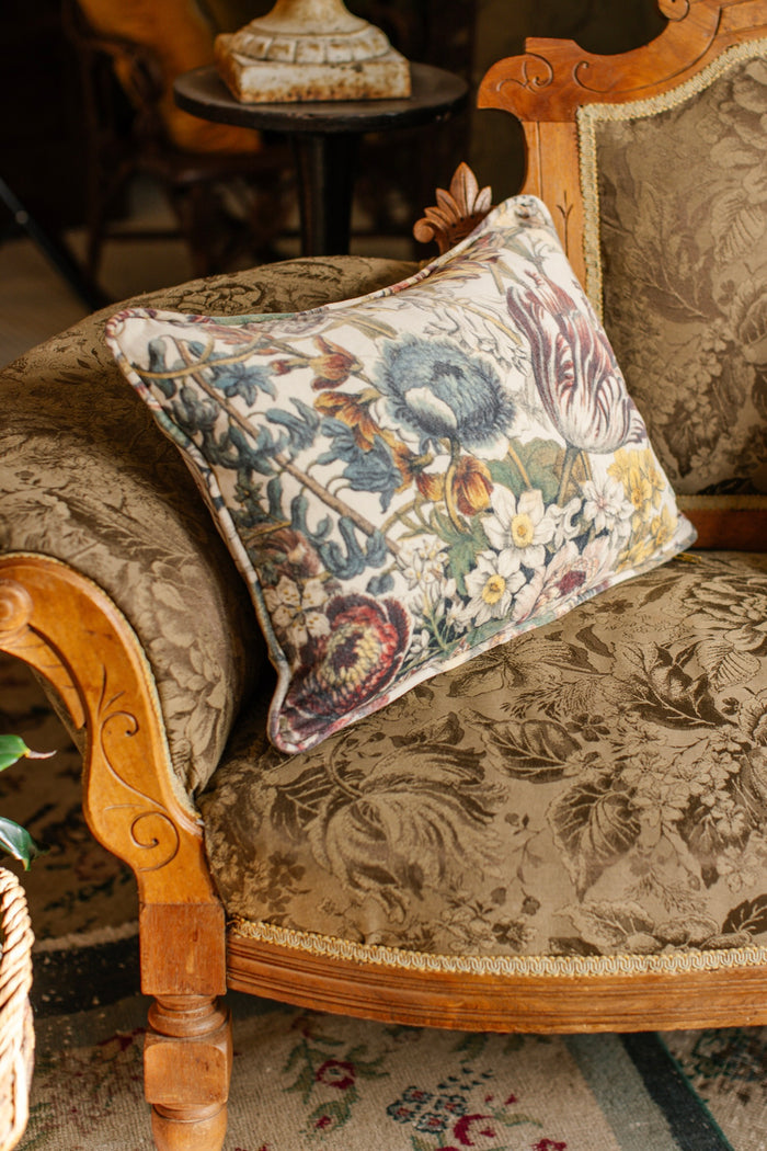 A soft cotton velvet cushion featuring lush 1700s botanical blooms - Market of Stars