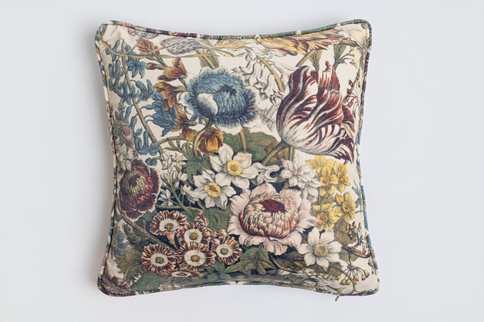 A soft cotton velvet cushion featuring lush 1700s botanical blooms - Market of Stars