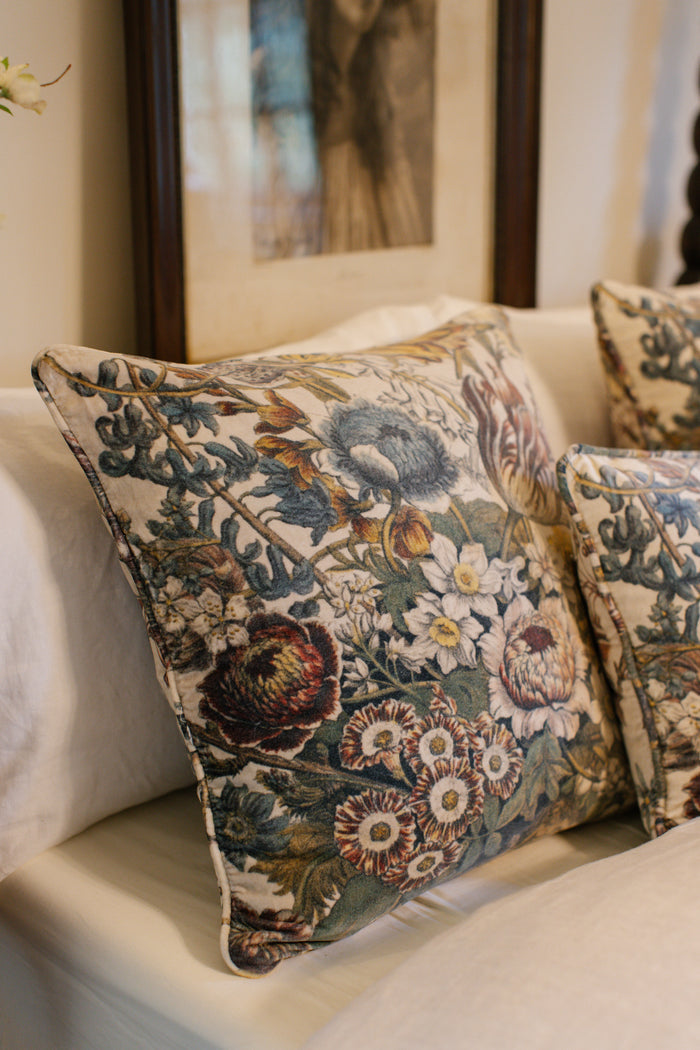 A soft cotton velvet cushion featuring lush 1700s botanical blooms - Market of Stars