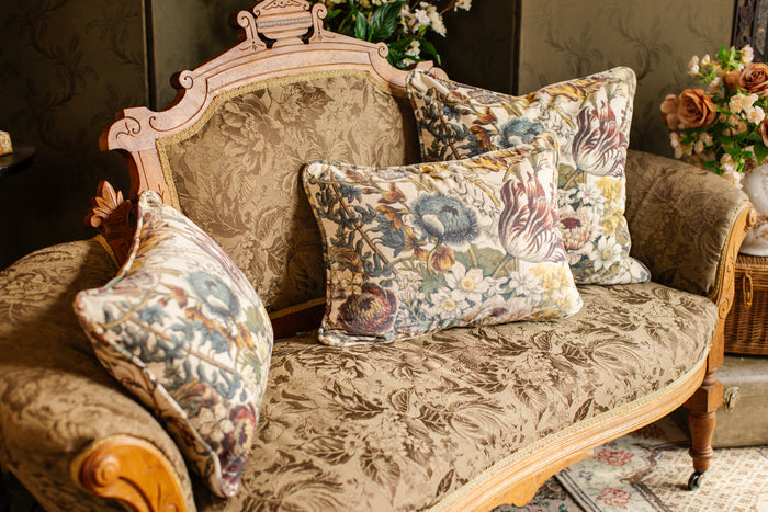 A soft cotton velvet cushion featuring lush 1700s botanical blooms - Market of Stars