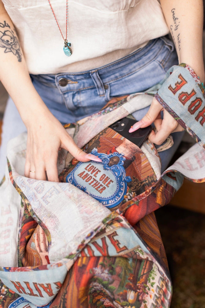 Tote bag featuring joyful 1854 floral artwork, heart-in-hand symbol, and vintage love notes, designed for everyday adventures – Market of Stars