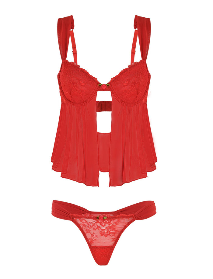 Introducing the LUANA SET - RED by TIGERMIST: This enchanting red lingerie set includes a lacy, underwired bustier with adjustable shoulder straps and an alluring open front panel. Paired with matching stretch lace panties, this design features delicate sheer fabric and intricate lace detailing, evoking a babydoll-inspired allure.