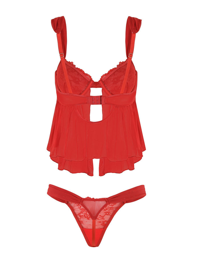 Presenting the LUANA SET - RED by TIGERMIST: This red babydoll-inspired lingerie set showcases a lace-trimmed top with adjustable shoulder straps, underwire support, and a keyhole cutout. The set is completed with a matching thong featuring stretch lace detailing and sheer fabric.