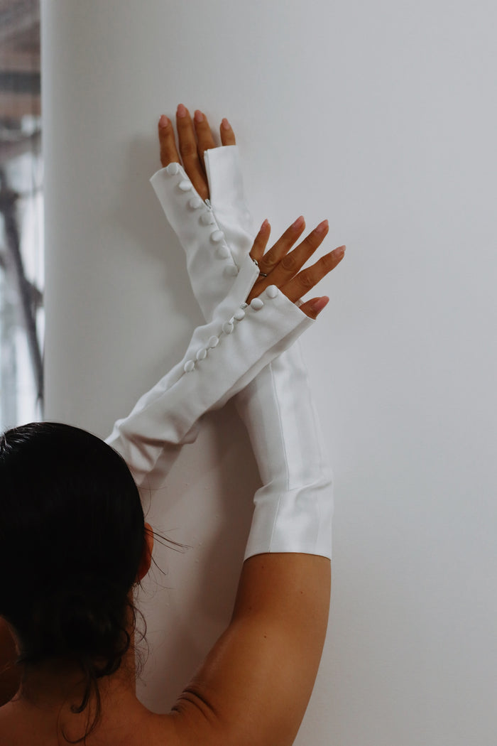 Luxury Mikado Wedding Sleeves with Covered Buttons & Invisible Zipper