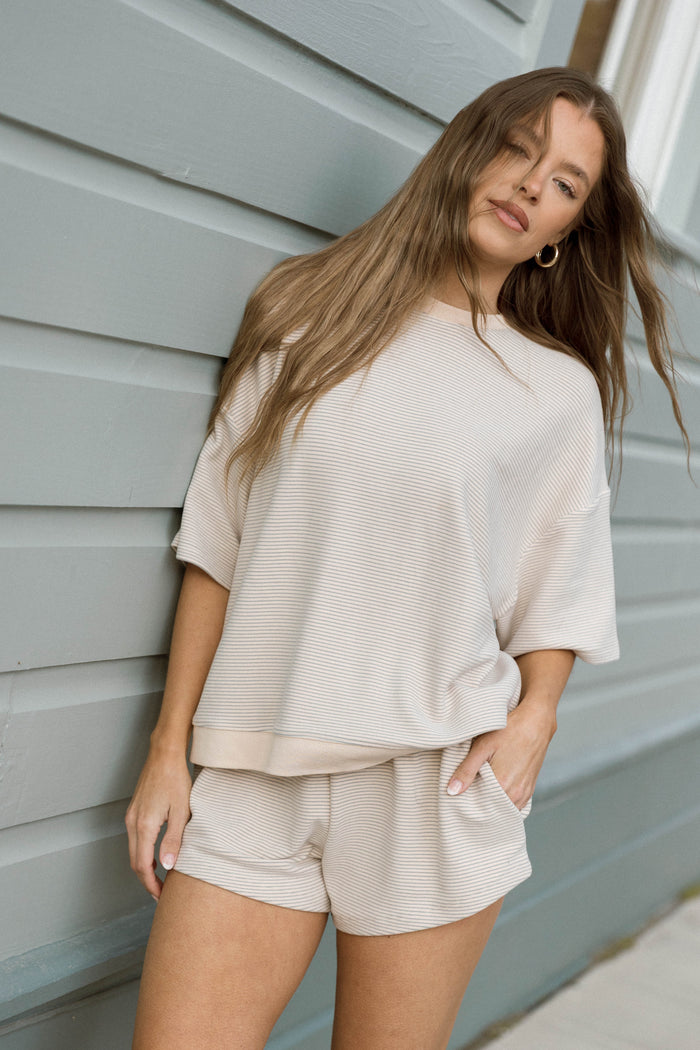 Lynn Premium Fleece Short Sleeve Top in Cream/Grey Striped