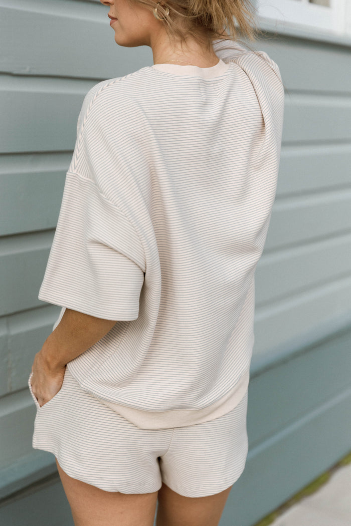 Lynn Premium Fleece Short Sleeve Top in Cream/Grey Striped