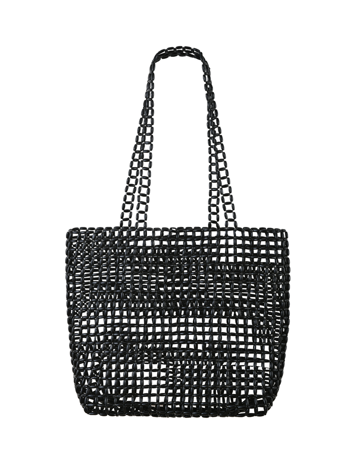 The TIGERMIST LYNX BAG - BLACK is a large beaded tote with open-weave interlocking loops, two handles, and subtle black bead accents for added texture, shown against a plain white background.