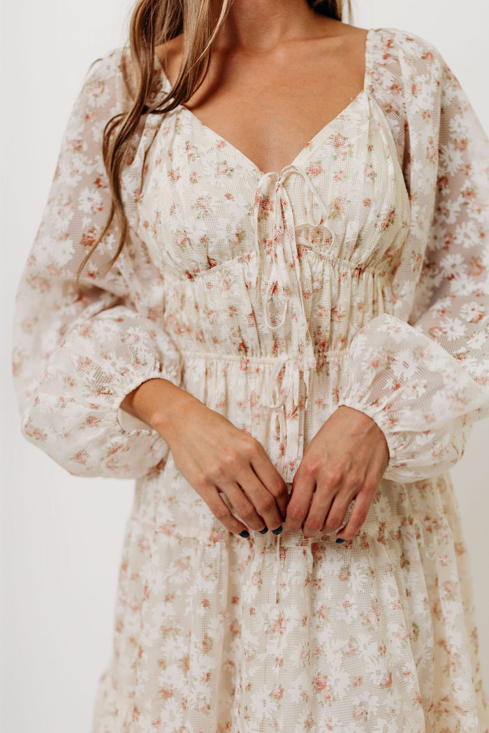 Macklynn V-Neck Long Sleeve Tier Maxi Dress in Cream/Orange Floral