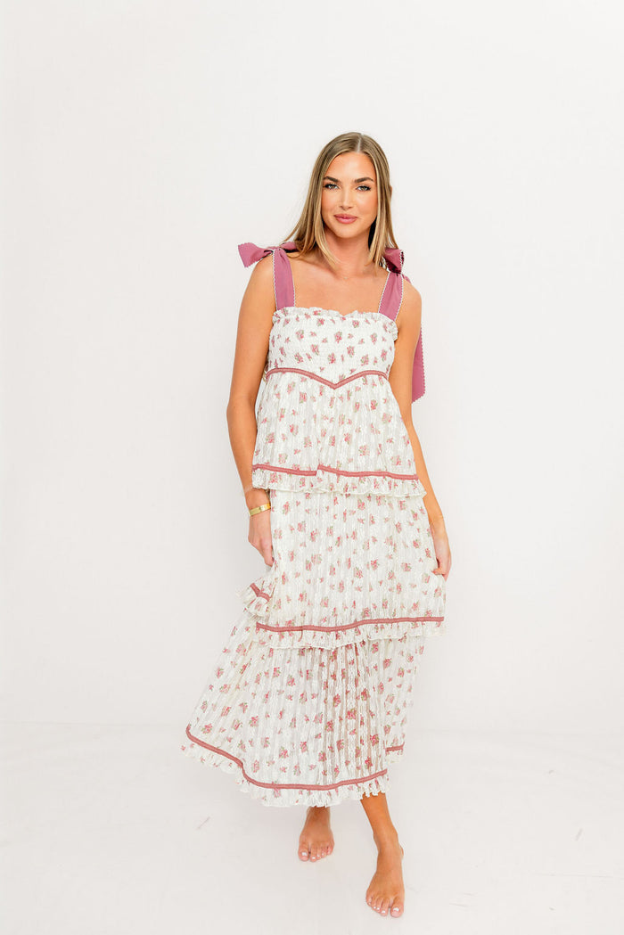 Magnolia Tie Strap Floral Midi Dress in Cream/Mauve *Final Sale*