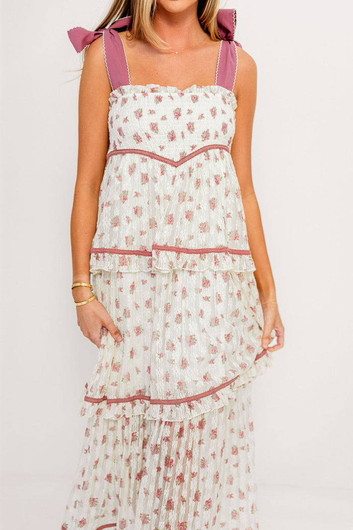 Magnolia Tie Strap Floral Midi Dress in Cream/Mauve *Final Sale*