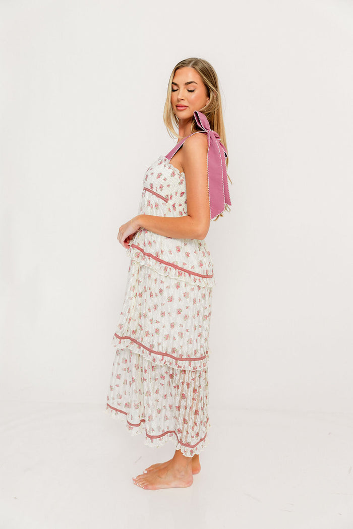 Magnolia Tie Strap Floral Midi Dress in Cream/Mauve *Final Sale*