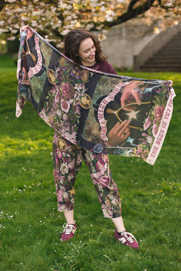 Scarf featuring gold wishbone–vintage coin–evening star–and dandelion artwork with lilacs and “Make a wish” banner – Market of Stars
