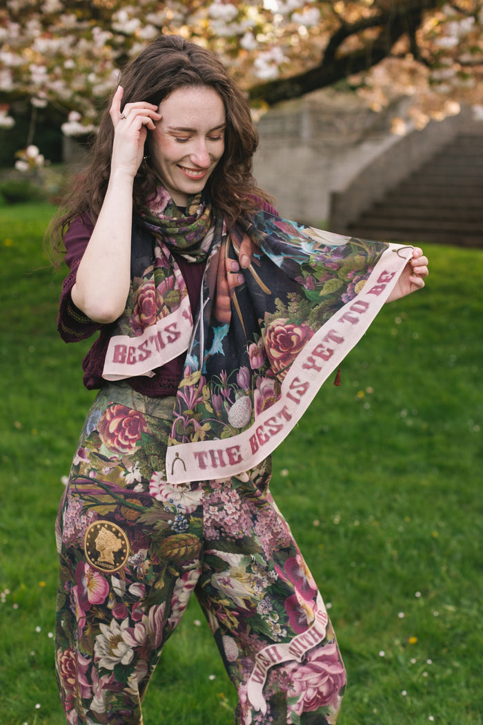 Scarf featuring gold wishbone–vintage coin–evening star–and dandelion artwork with lilacs and “Make a wish” banner – Market of Stars