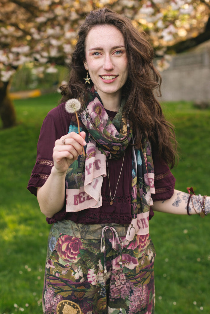 Scarf featuring gold wishbone–vintage coin–evening star–and dandelion artwork with lilacs and “Make a wish” banner – Market of Stars