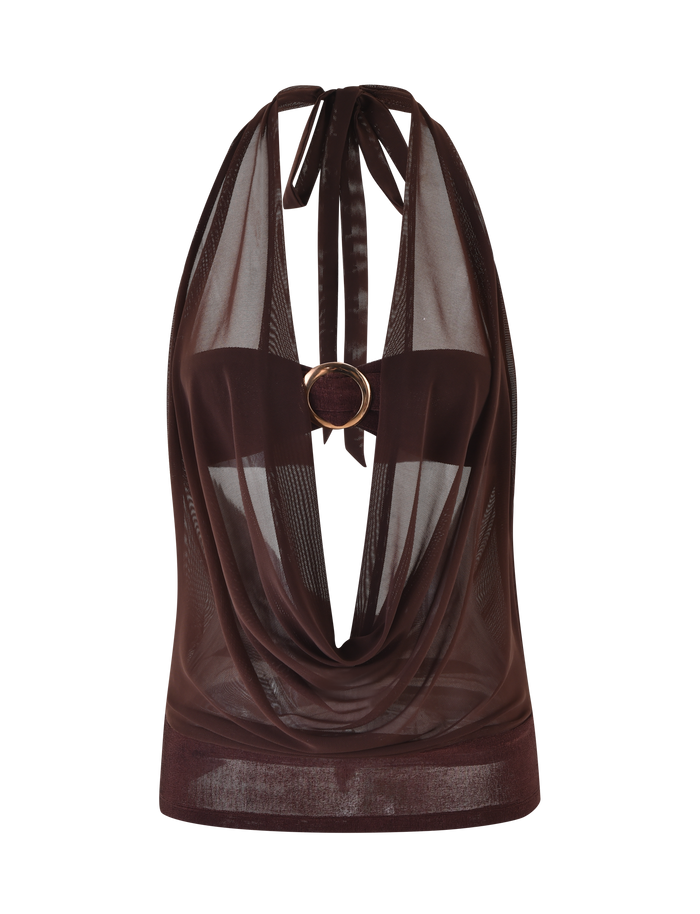 The TIGERMIST MAKENA TWO-PIECE TOP - BROWN : CHOCOLATE features sheer chocolate mesh, a plunging draped neckline, open back, and a bold circular chest ring for an elegant, layered look.