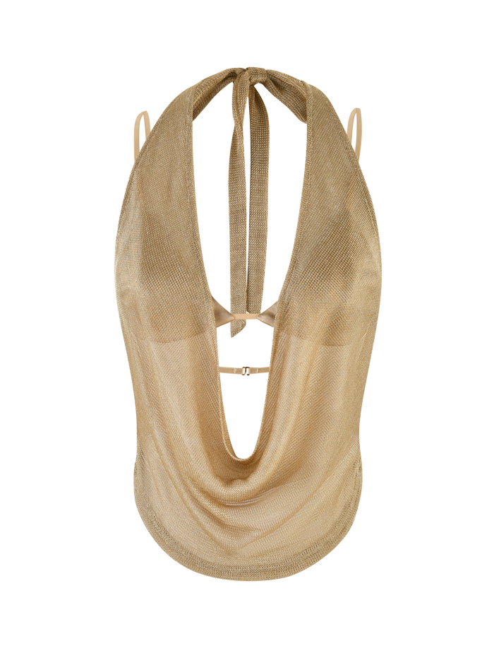 The TIGERMIST MAKENA TWO-PIECE TOP 2.0 in gold features a sleeveless, deep mesh cowl neck halter and open back, crafted from shiny sparkle fabric.