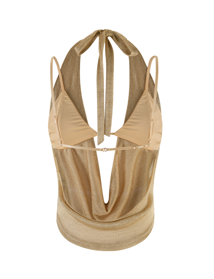 The TIGERMIST MAKENA TWO-PIECE TOP 2.0 in gold is a sleeveless top with a metallic sparkle finish, mesh cowl neck halter, and triangle-shaped cups with thin straps, shown on a plain background.