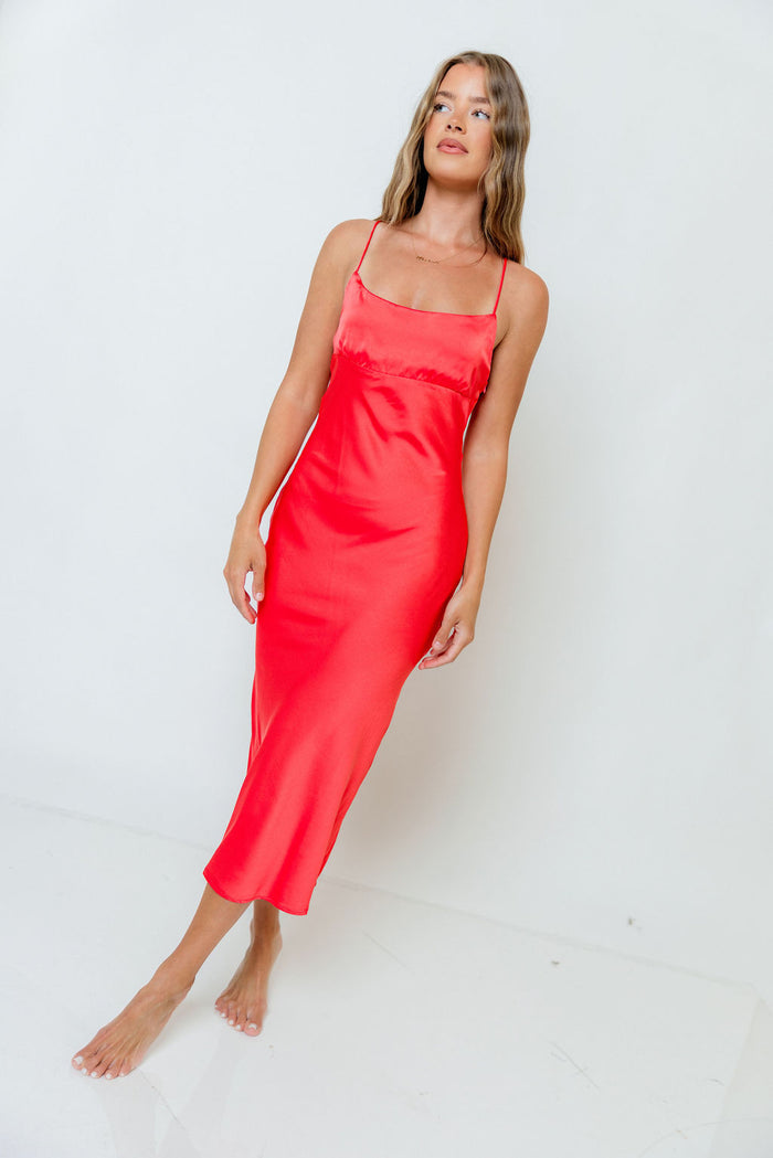 Malika Midi Dress in Coral Red