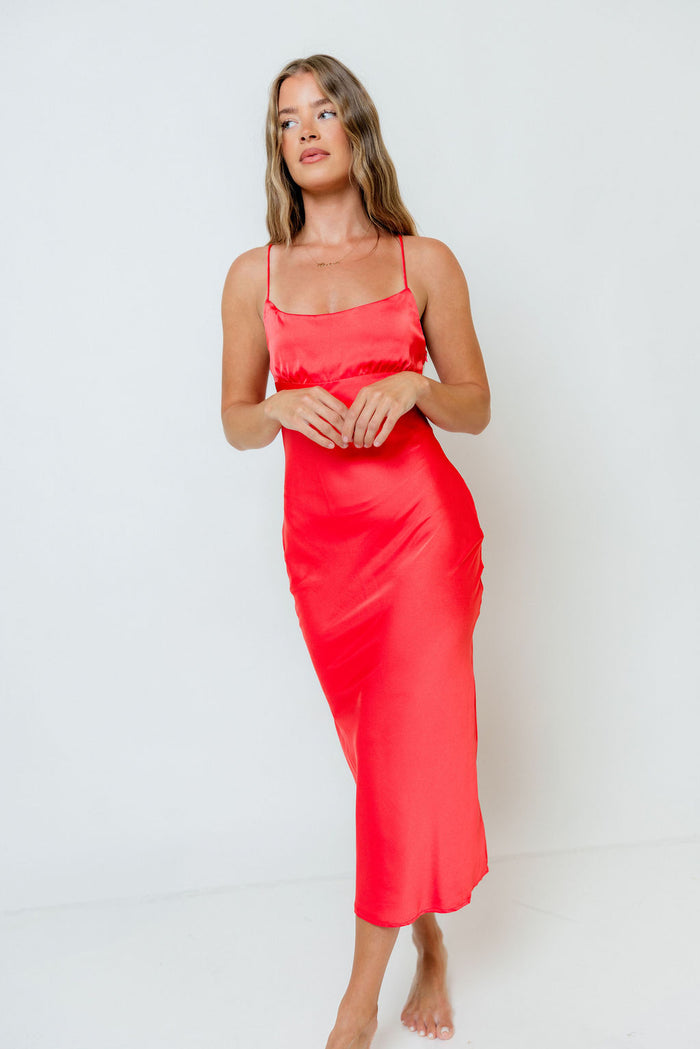 Malika Midi Dress in Coral Red