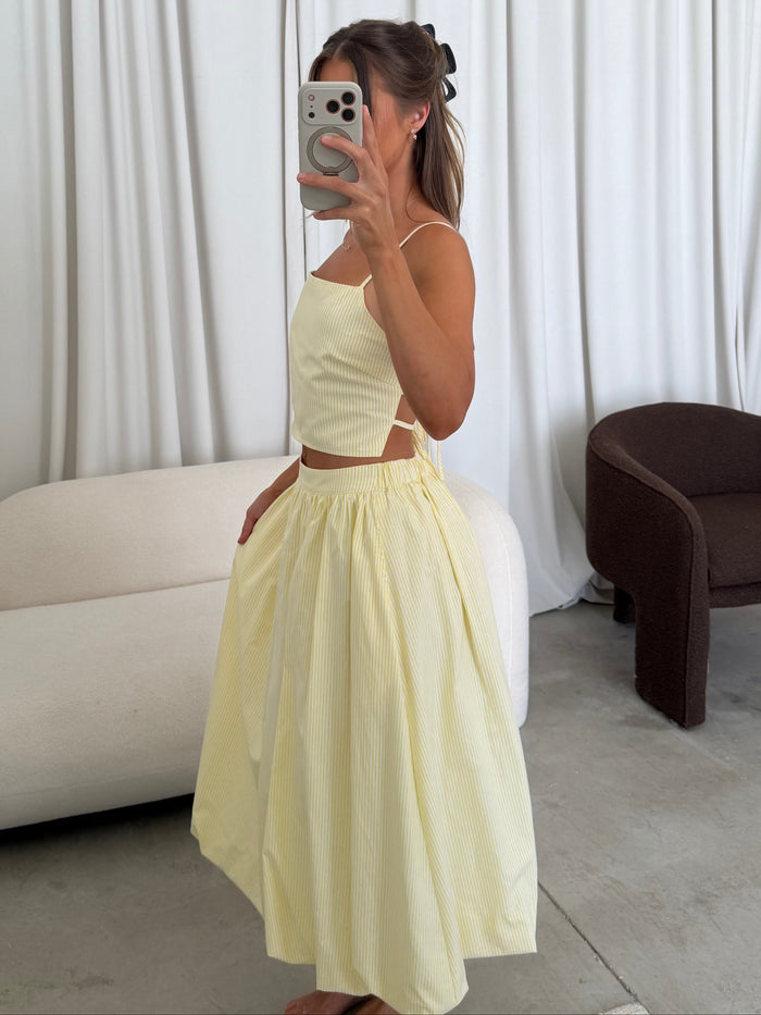 Mandy Back Tie Top and Bubble Hem Midi Skirt Set in White/Yellow Stripe
