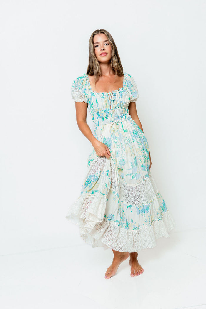 Marcey Floral and Lace Tiered Maxi Dress in Cream/Mint